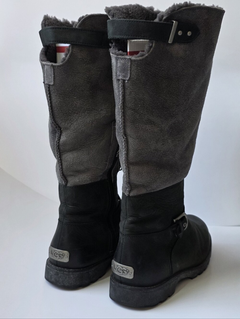 UGG Tall Shearling-Lined Suede & Leather Boots in Gray/Black